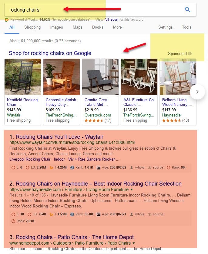 image of sample search for the term rocking chairs for SEO