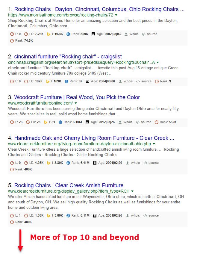 sample local search result for "rocking chairs" Cincinnati, Ohio