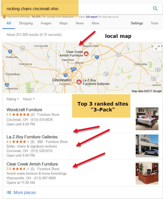 sample local seo search for term "rocking chairs"