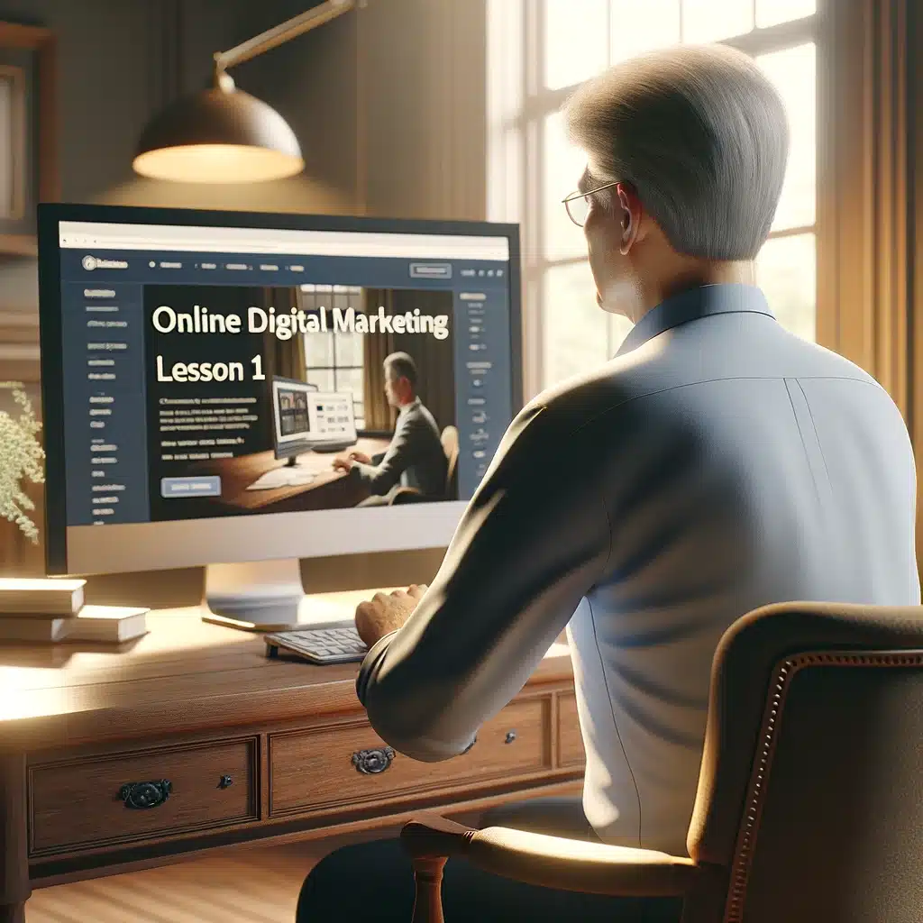 Photorealistic image of business owner from rear view siting at desk with online training programbeing reviewed