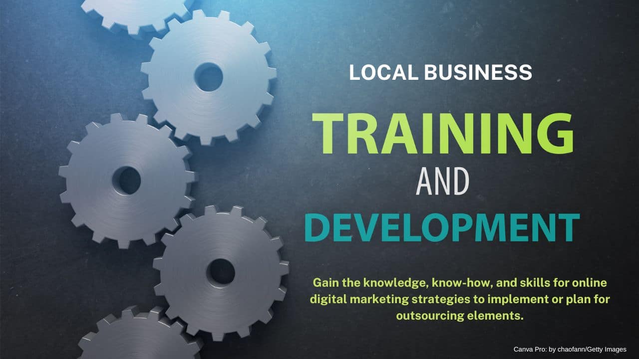 Graphic with dark back ground and 3 gears heading "Training and Development"