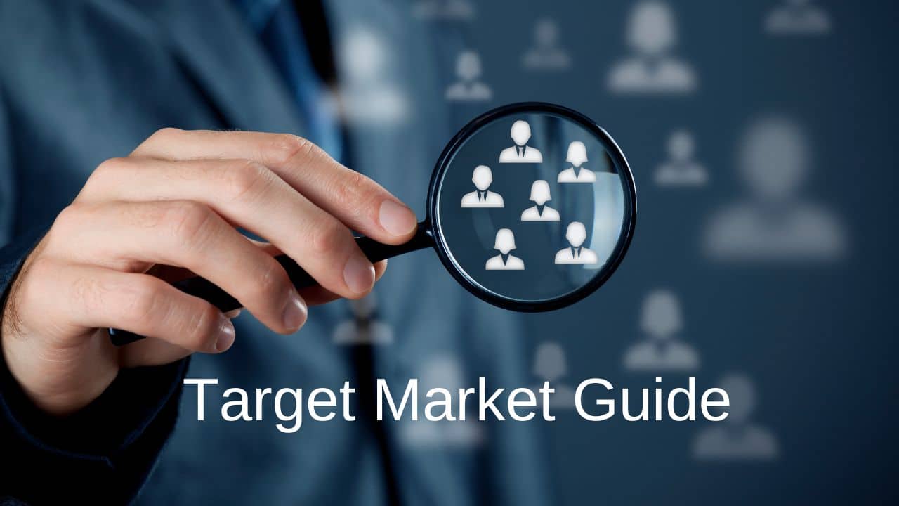 Graphic showing person's hand pointing to a grouping of figures represnting a target market